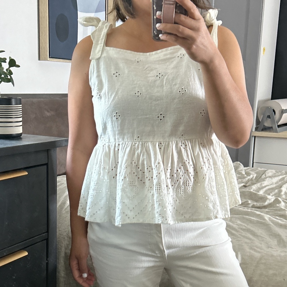 Madewell Rosalie Cream Eyelet Tie-Shoulder Peplum Tank Top